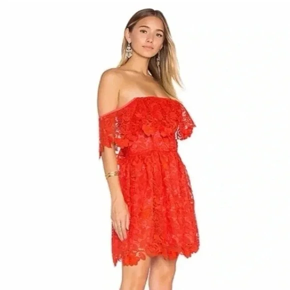 Lovers + Friends Mini Dress MEDIUM Dream Vacay Off Shoulder Red Lace Women's Lovers + Friends Mini Dress MEDIUM Dream Vacay Off Shoulder Red Lace Women's